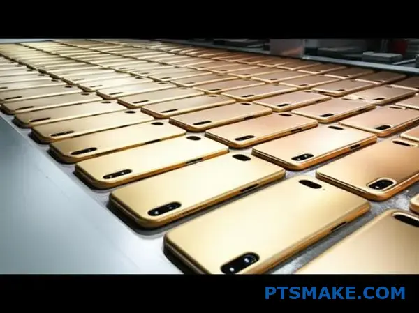 أجزاء متتالية من الألومنيوم المؤكسد باللون الشمبانيا تعرض مراحل تطور اللمعة المعدنية الذهبية