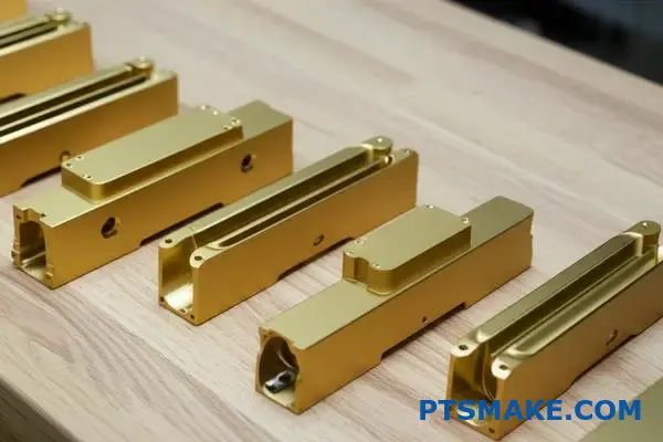 أجزاء من الألومنيوم المطلي بالبرونز الذهبي مع تشطيب سطحي معدني بلون الشمبانيا وتفاصيل تصنيع دقيقة