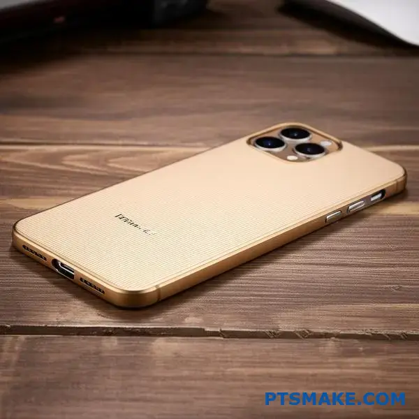 حافظة هاتف من الألومنيوم المطلي باللون الذهبي مع لمسة نهائية غير لامعة فاخرة تعرض معالجة سطحية غنية باللون الشمبانيا على المكتب