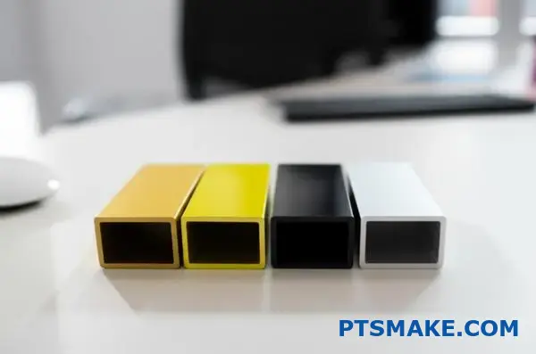 أربعة كتل من الألومنيوم تعرض تشطيبات باللون الشمبانيا المؤكسد، PVD، طلاء مسحوق، وطلاء سائل على سطح المكتب