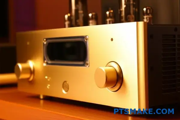 مضخم صوت فاخر يتميز بلمسة نهائية من الألومنيوم المؤكسد بلون الشمبانيا على مكتب احترافي