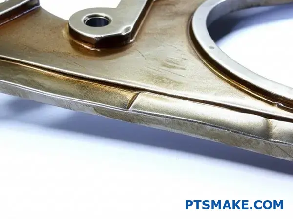 عرض تفصيلي لحامل سيارة مصنوع من الألومنيوم المؤكسد باللون الشمبانيا البالي، يظهر تدهور الطلاء وأنماط تآكل السطح على طاولة التحليل.