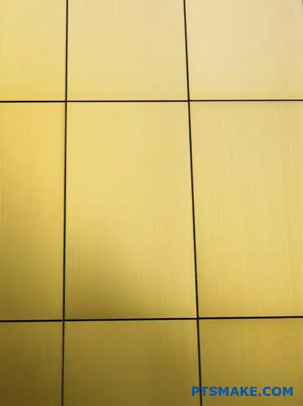 ألواح ألمنيوم بلمسة نهائية برونزية ذهبية تظهر سطحًا مؤكسدًا بلون الشمبانيا المتأثر بالعوامل الجوية على الواجهة الخارجية لمبنى حديث