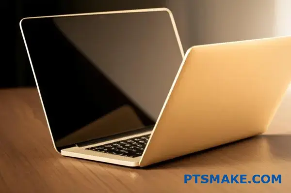 كمبيوتر محمول مطلي باللون الذهبي الفاخر مع تشطيب معدني أنيق وملمس سطح متطور من الألومنيوم المصقول