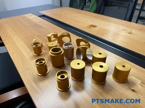 مكونات من الألومنيوم المؤكسد باللون الشمبانيا تظهر تباينات طبيعية في اللون، وهو أمر معتاد في عمليات التصنيع باستخدام الأكسدة.