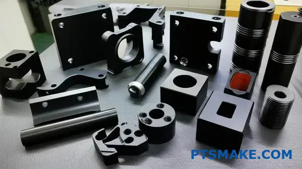 Various black anodized aluminum components displaying deep uniform black coating finish on workshop surface