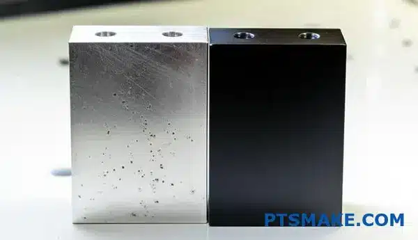 Side by side comparison showing raw aluminum and black anodized aluminum blocks demonstrating surface treatment differences on laboratory bench