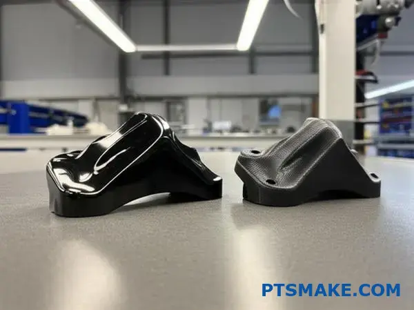 Two black finished aluminum components displaying different surface treatments and coating characteristics