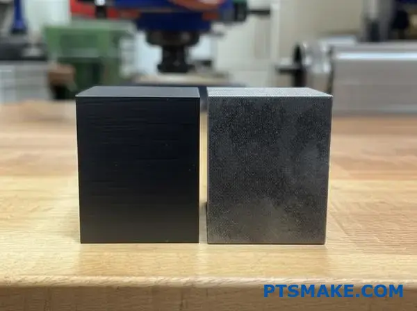 Comparison of standard black anodized aluminum block and hardcoat anodized aluminum block showing surface finish differences
