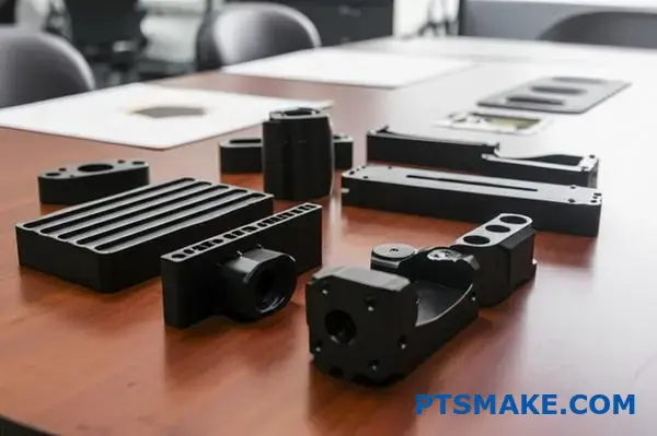 Professional black anodized aluminum parts displaying industry standard finishes on office table for quality documentation