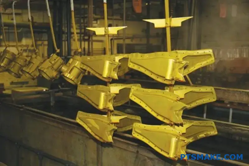 Golden eloxierte Aluminiumplatten mit glänzender Goldoberfläche und metallischer Oberflächenbehandlung auf einer industriellen Werkbank