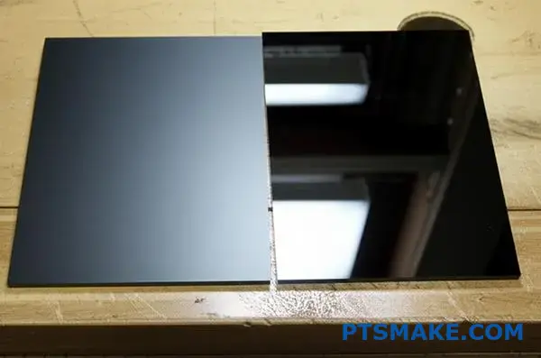 Comparison of matte and glossy black anodized aluminum surface finishes showing texture and reflection differences on workshop table