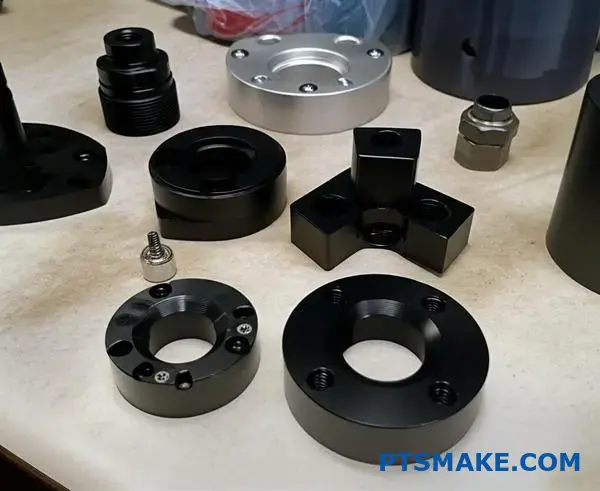 Various black anodized aluminum parts displaying different dye finishes and surface treatments on industrial workbench