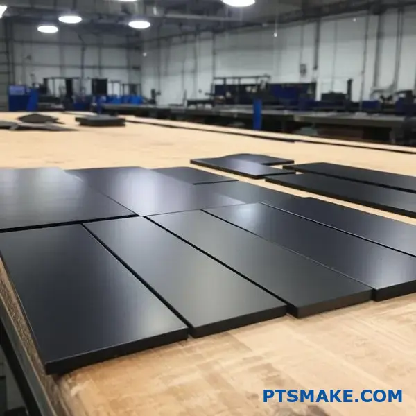 Various black anodized aluminum pieces showing different finish qualities and surface treatments on wooden workspace