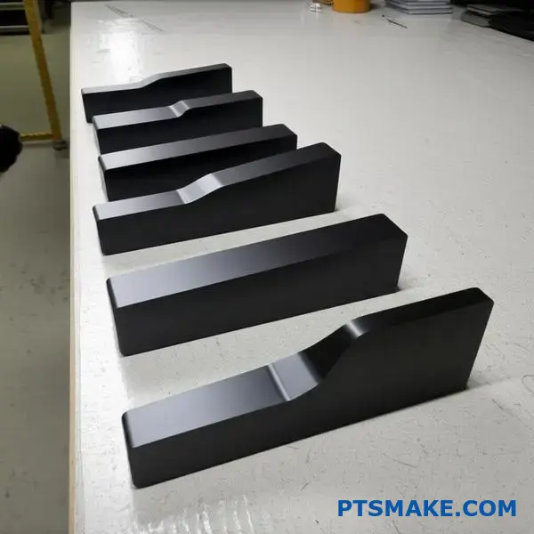 Various black anodized aluminum components displaying different coating thicknesses and color saturation levels on workshop surface