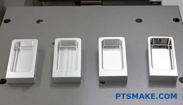 Four aluminum components displaying different pre-treatment finishes including matte, polished, etched and bright dipped surfaces on workshop table