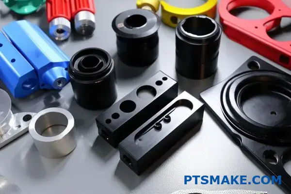 Comparison of black anodized aluminum components and powder coated metal parts showing different surface finishing techniques