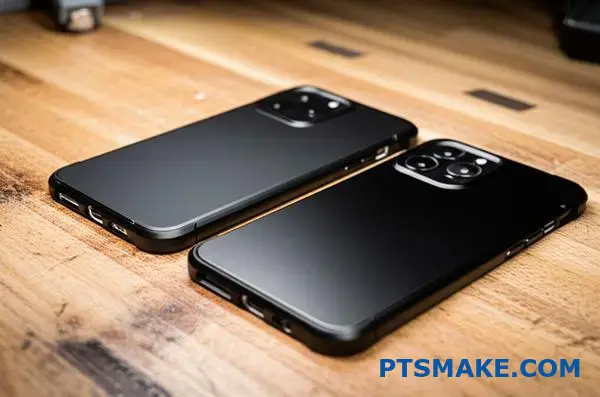 Two black anodized aluminum phone cases displaying matte and glossy surface finishes on workshop table