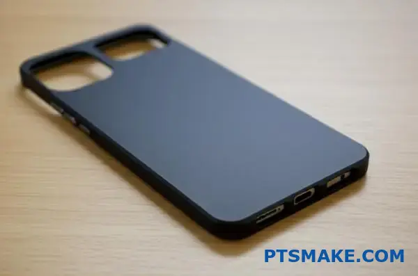 Premium black anodized aluminum phone case with dark matte surface finish on desk