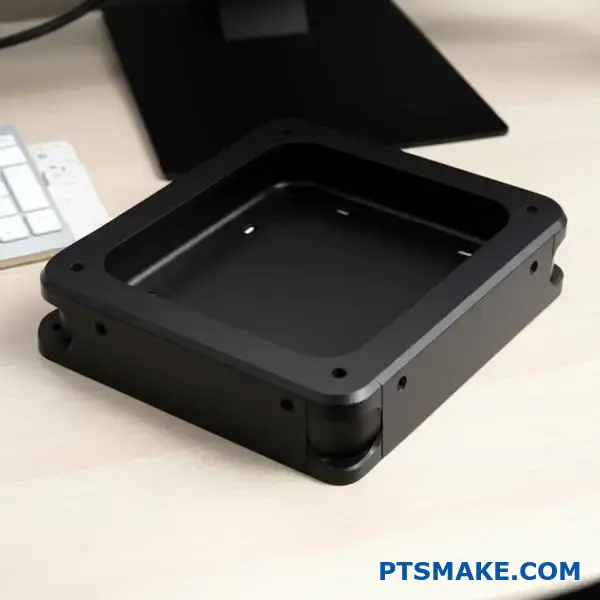 Precision black anodized aluminum housing showcasing proper design features for successful electrochemical coating process