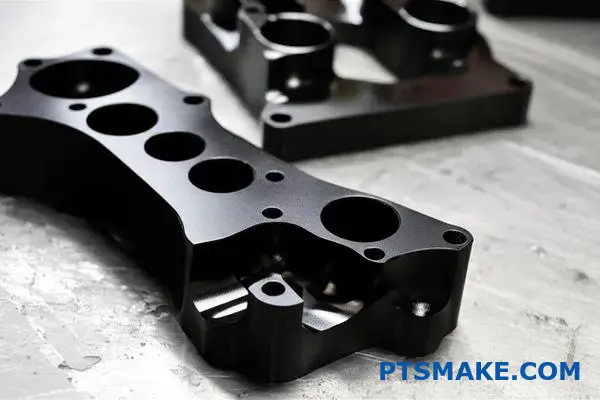 Dark anodized aluminum components with intricate geometry showing coating inconsistencies and color variations on manufacturing table