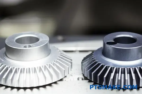 製造作業台上で、硬質アルマイト処理によるセラミックのような表面仕上げ変化を示す工業用アルミ歯車