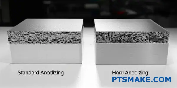 標準処理と硬質アルマイト処理を施した2つのアルミニウムブロック。顕微鏡レベルで構造的な差異が確認できる。