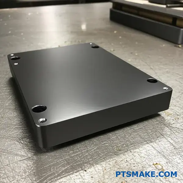 ダークグレーのアルミニウム筐体に厚いハードアルマイト処理を施し、作業台上で耐久性のあるマットな仕上げを呈する