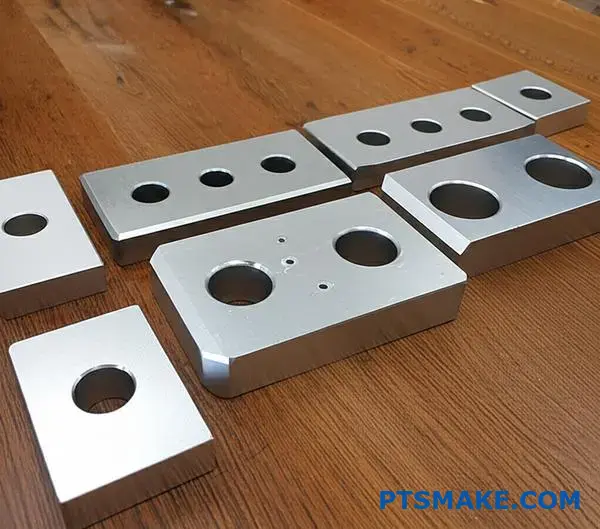 ワークステーション上で、異なる硬質アルマイト欠陥および表面処理不良を示す各種アルミニウム部品