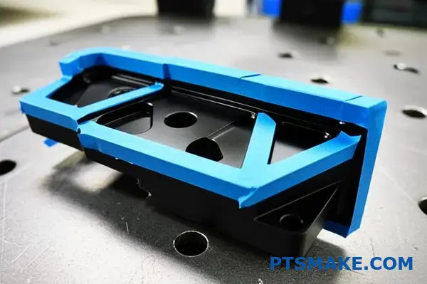 黒色硬質アルマイト処理アルミニウム部品に選択的マスキングテープを施し、複雑な部品における精密な表面保護技術を実演