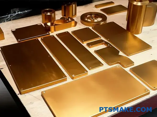 Bronze finished aluminum parts displaying rich metallic bronze anodization surface treatment on workshop table