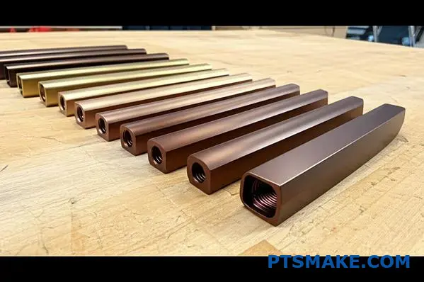 Various bronze anodized aluminum components displaying different shade variations from light to dark finishes