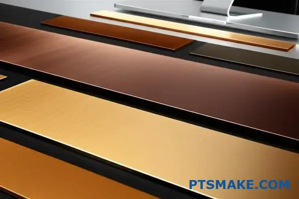 Various bronze anodized aluminum samples displaying different finish qualities and surface treatments according to industry standards