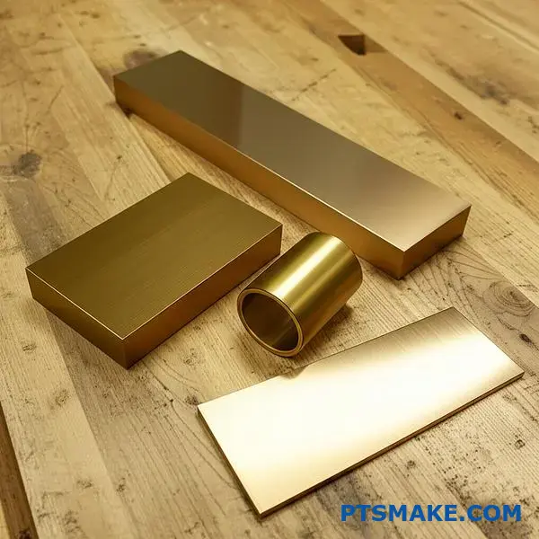 Bronze anodized aluminum components displaying various surface finishes including brushed, polished and bead-blasted textures on workshop table