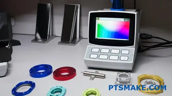 Colorimeter measuring bronze anodized aluminum parts for precise color consistency verification in laboratory setting