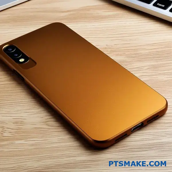 Professional bronze anodized aluminum smartphone case displaying consistent metallic finish and surface quality on wooden desk