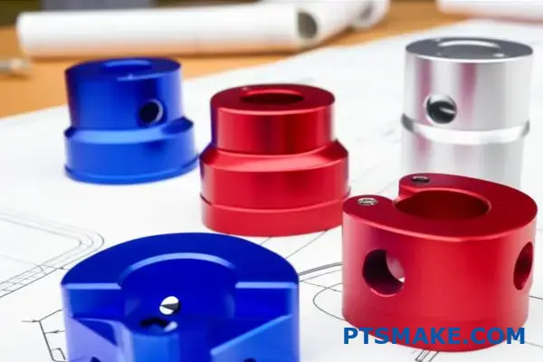Multiple anodized aluminum components showing proper design with rounded edges and smooth finishes in various colors
