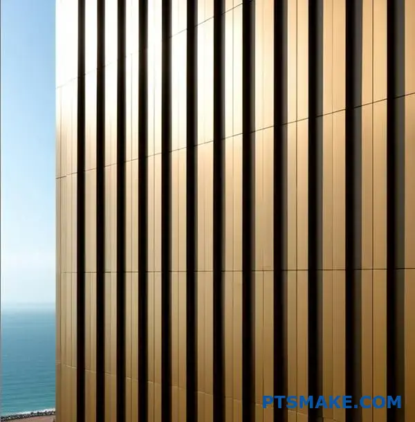 Modern bronze anodized aluminum panels on coastal high-rise building facade with ocean backdrop