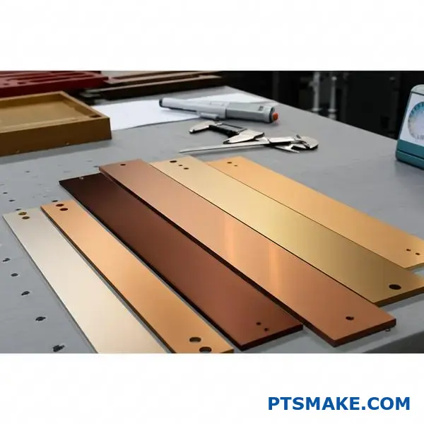 Bronze finished aluminum components displaying color shade differences for quality control measurement and comparison analysis