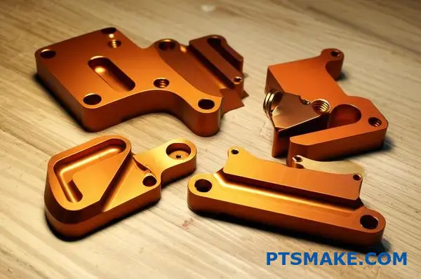 Bronze anodized aluminum parts including brackets and housings displaying metallic bronze surface treatment finish on workshop table
