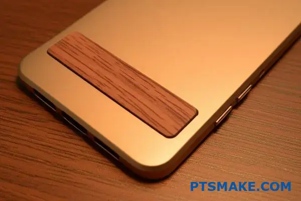 Premium bronze anodized aluminum phone case with wooden accents showcasing innovative material combination and custom surface textures