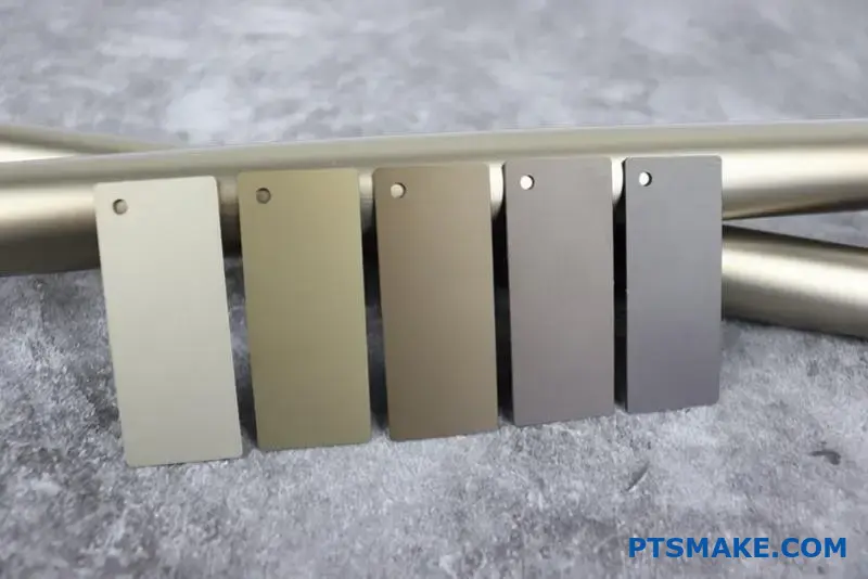 Five Metal Color Samples Displayed on a Surface