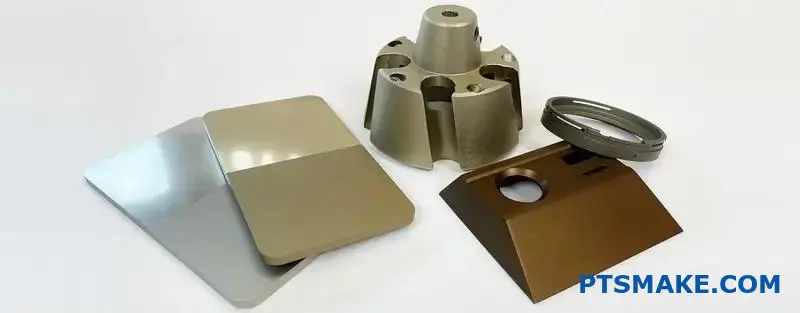 Bronze finished aluminum parts displaying copper-toned anodized surface treatment on wooden table