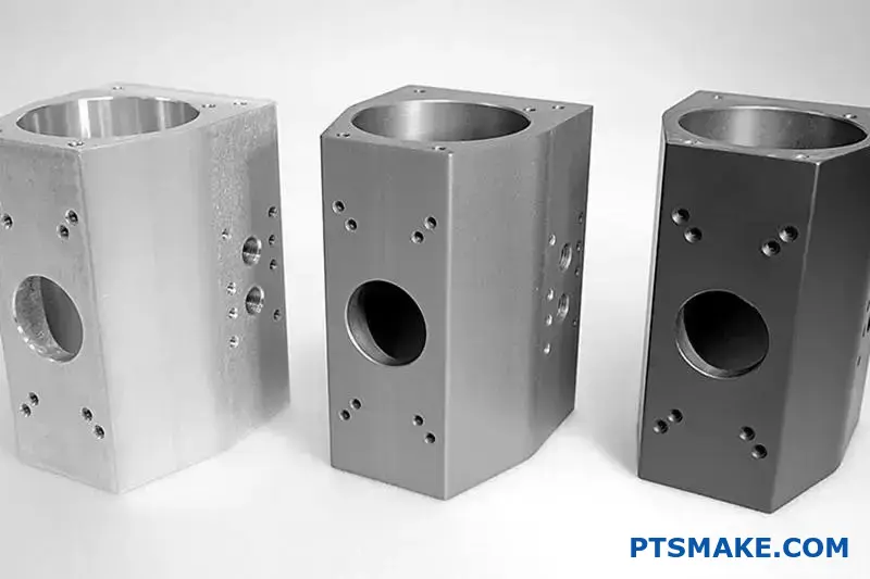 Trzy precyzyjnie obrobione elementy CNC o różnych wykończeniach