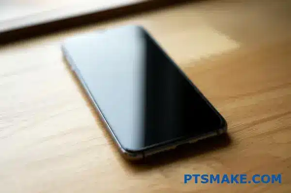 Modern smartphone with pristine display showcasing fingerprint-resistant coating technology on wooden desk surface