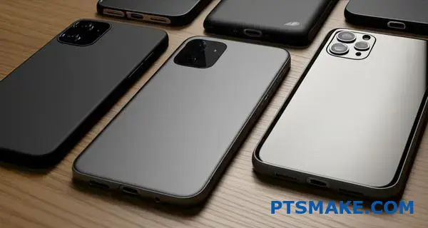 Various smartphone protective cases displaying different anti-smudge surface coatings and traditional finishes for comparison study