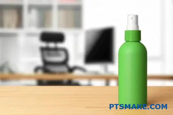 Green sustainable anti-fingerprint coating bottle on wooden desk showcasing environmentally friendly surface protection technology