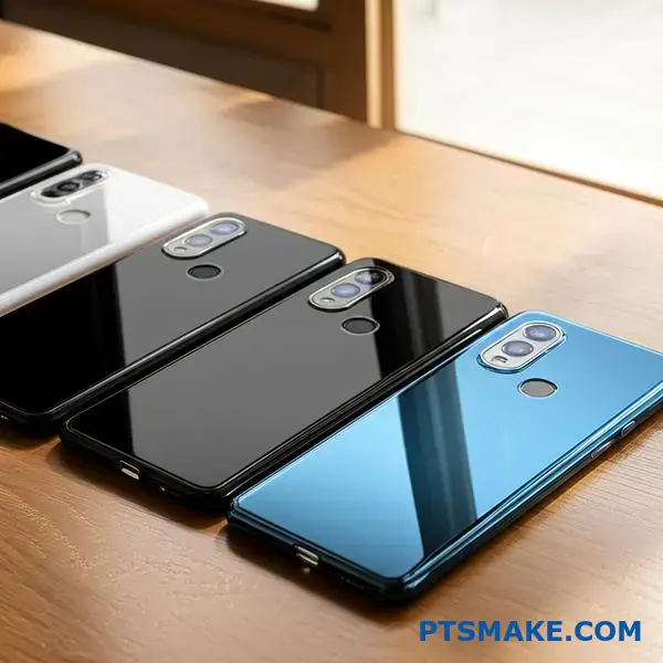 Multiple smartphone back covers featuring premium anti-smudge coating technology displayed on office desk showing various color options