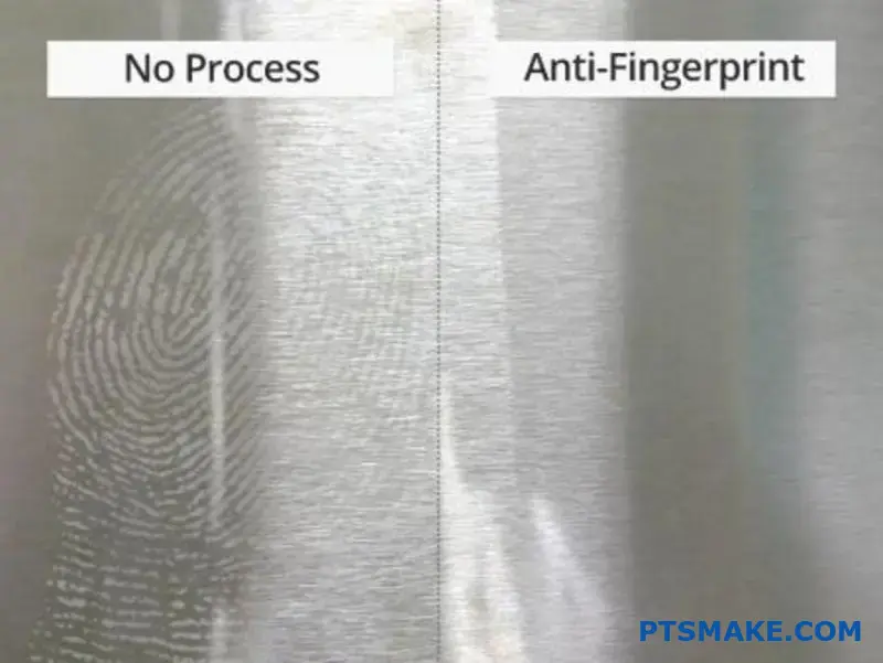 Side-by-side comparison of a surface with fingerprints and an anti-fingerprint surface