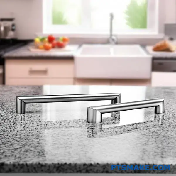 Comparison of fingerprint resistant coated and regular stainless steel kitchen handles showing smudge protection performance